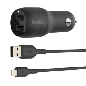 Belkin Boost Charge Chargeur de voiture 2 ports USB-A (24 W) sur prise allume-cigare avec câble USB-A vers Lightning 1 m