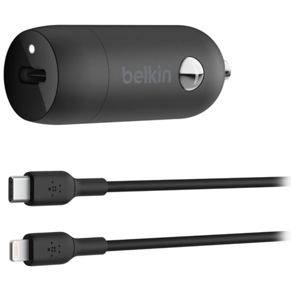 Belkin Chargeur 30W pour allume-cigare avec câble USB-C vers Lightning (Noir)
