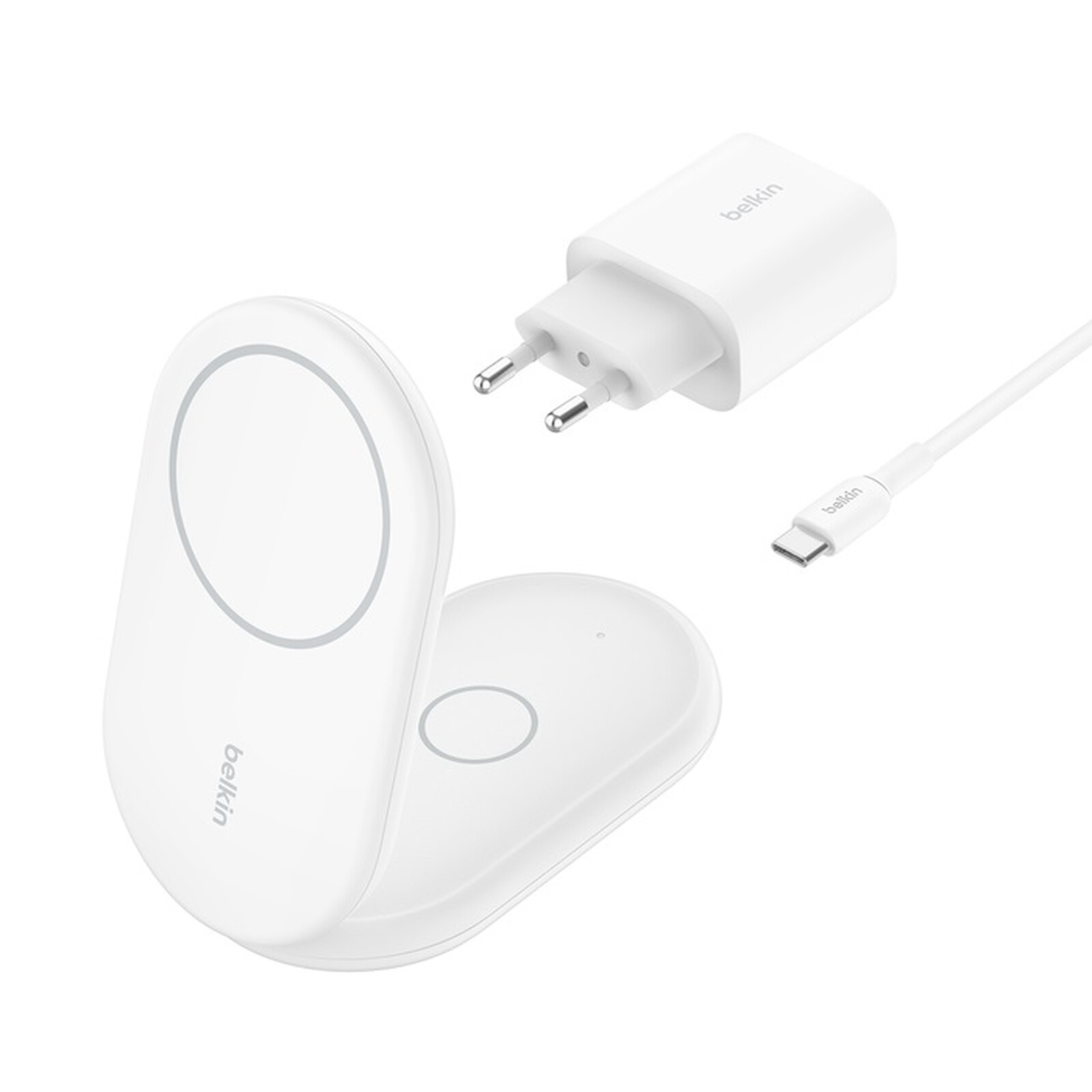 Belkin Chargeur Magsafe Qi2 15 W pour iPhone Stand et AirPods 2 en 1 (Blanc)