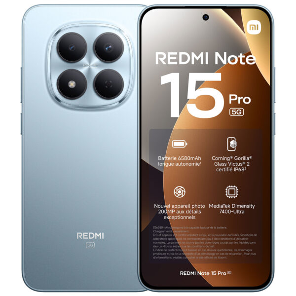 Redmi Note 15 Pro 5G - Bleu - 256 Go - 5G - écran 6,83" - RAM 8 Go - Double SIM - 200+8+2 Mpx - 20 Mpx - HyperOS 2 - gar
